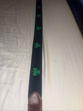 Men’s Navy Clover Webbing Belt with Brown Leather Trim